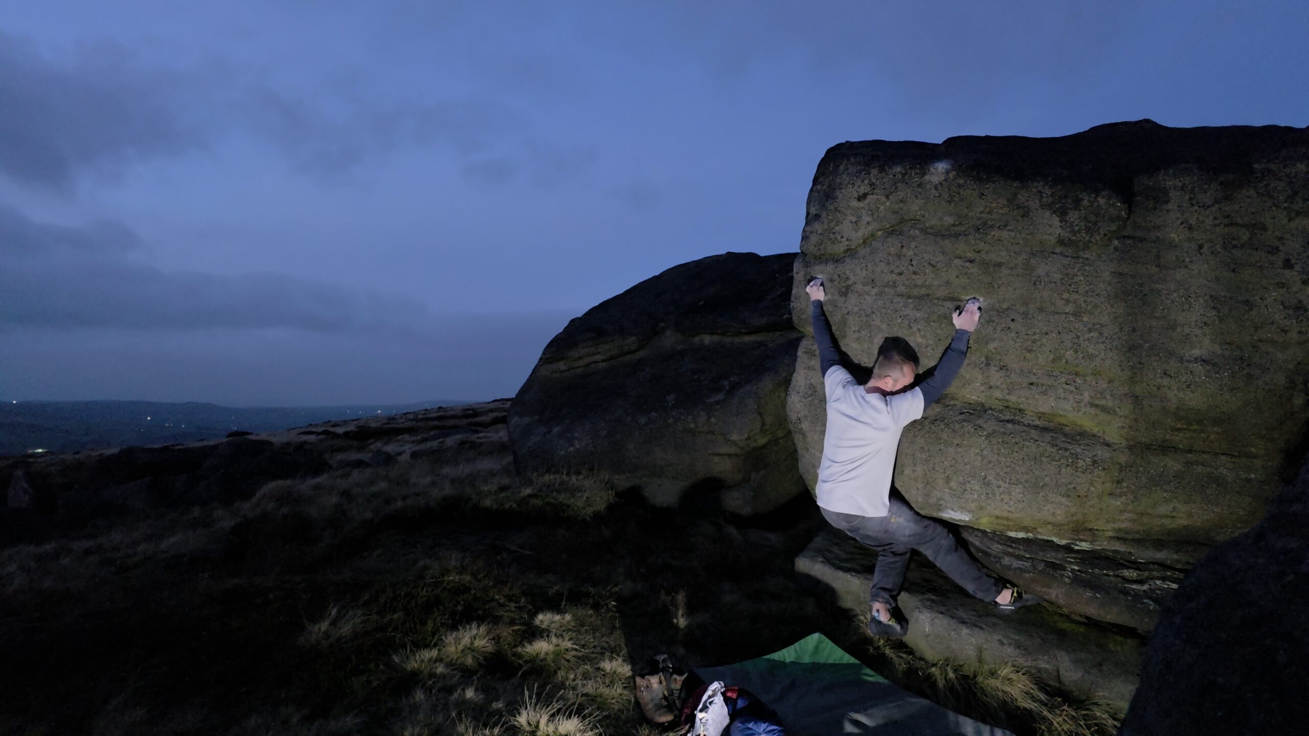 A picture of me climbing Chalk The Talk at Blackstone Edge