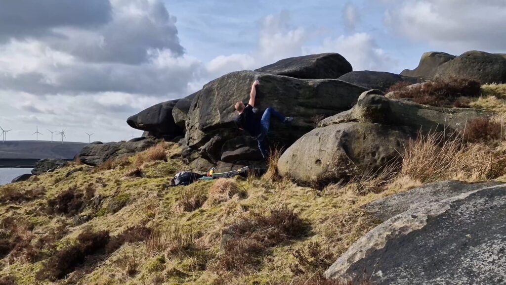 A picture of me climbing Muscle Tussle at Stony Edge