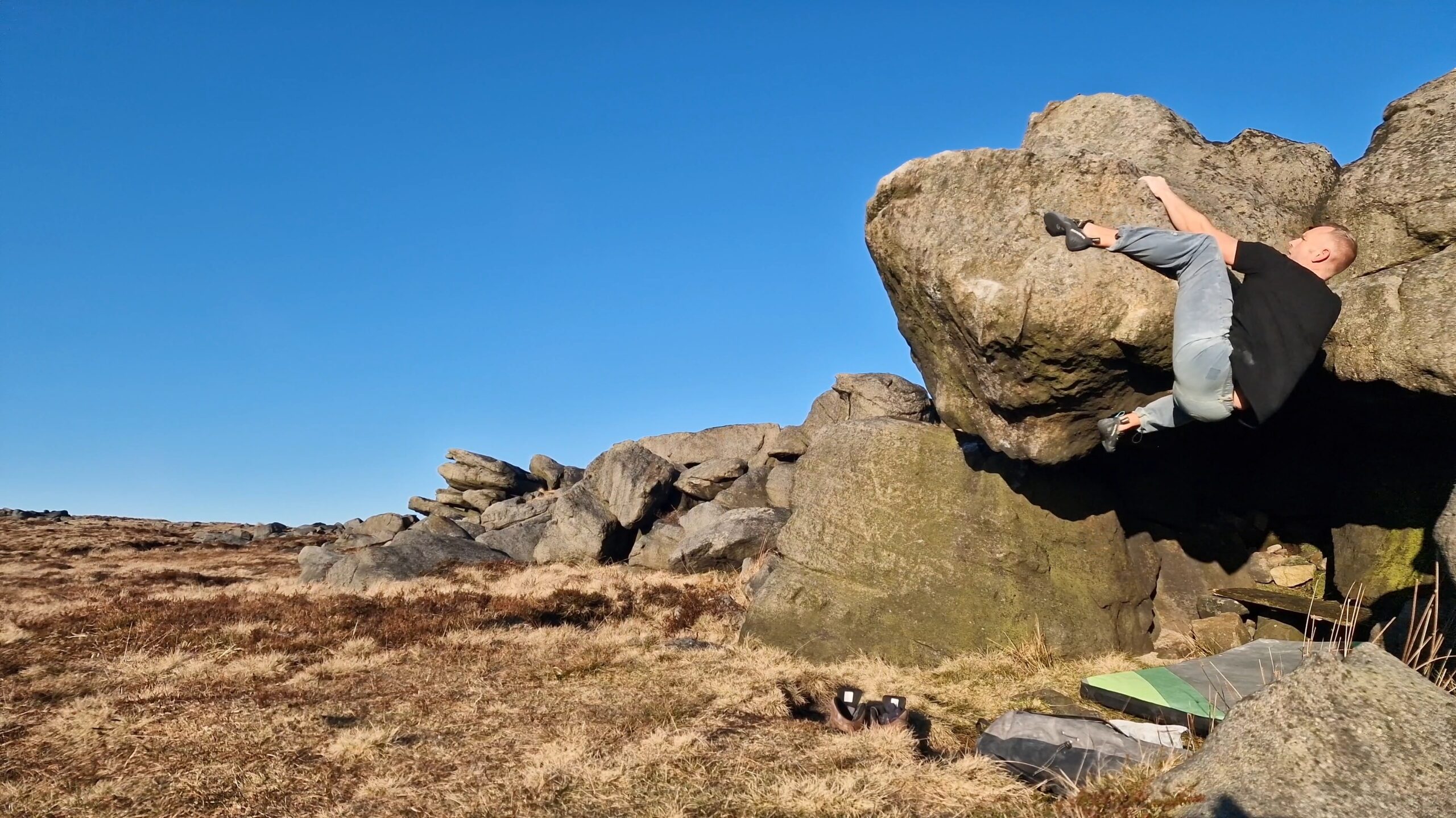 A picture of me climbing Luna at Blackstone Edge