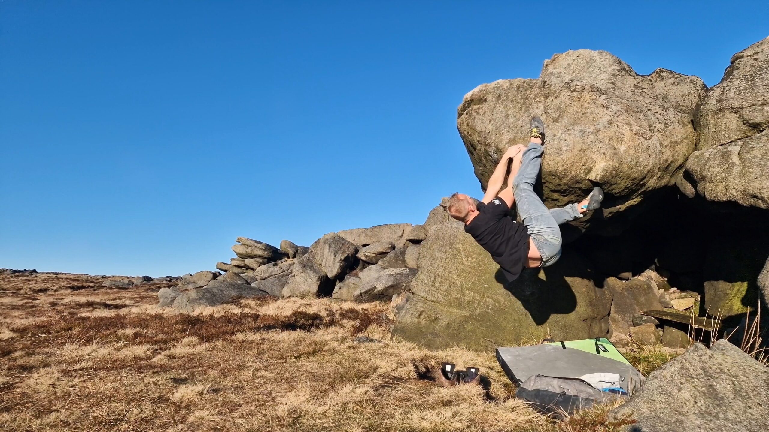 A picture of me climbing Swingers at Blackstone Edge