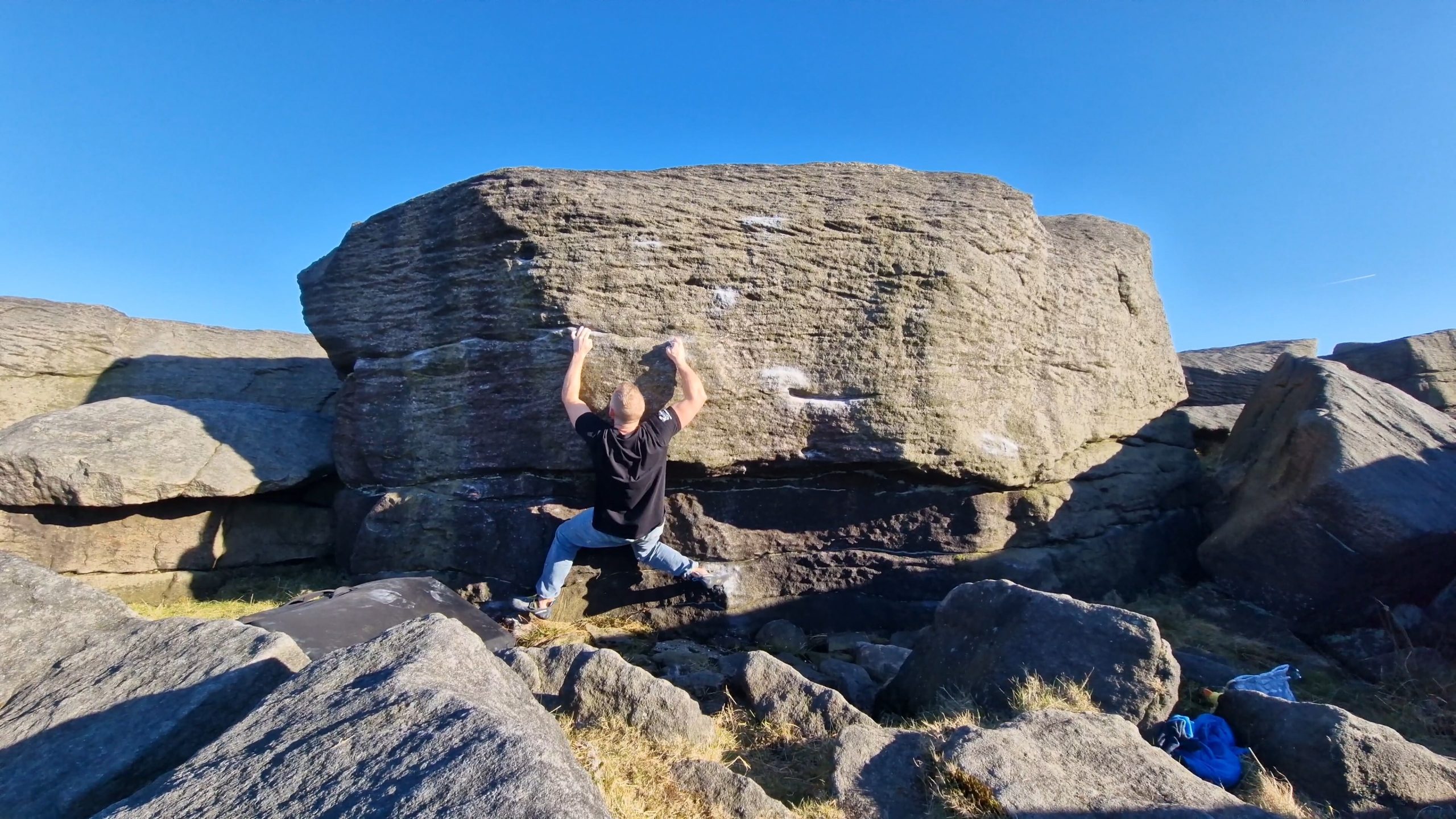 A picture of me climbing Patiopia at Blackstone Edge