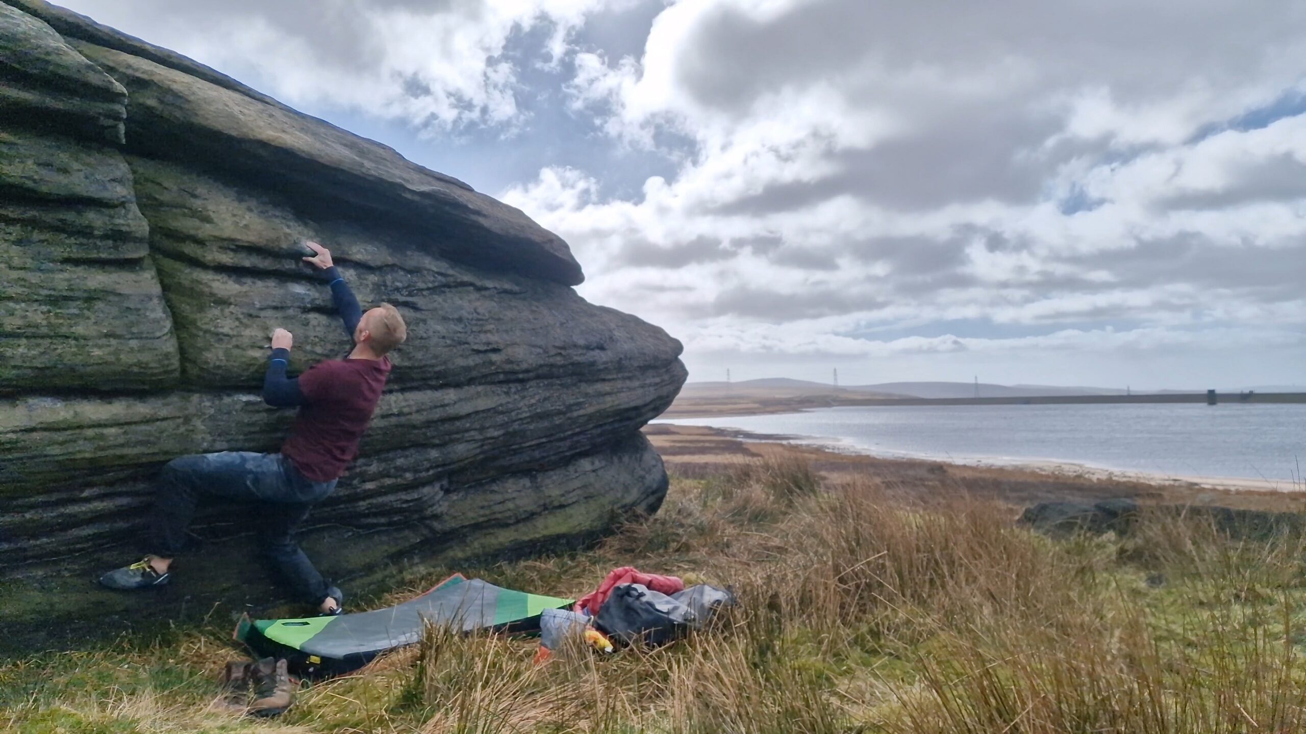 A picture of me climbing Do Like Zoidberg at Blackstone Edge