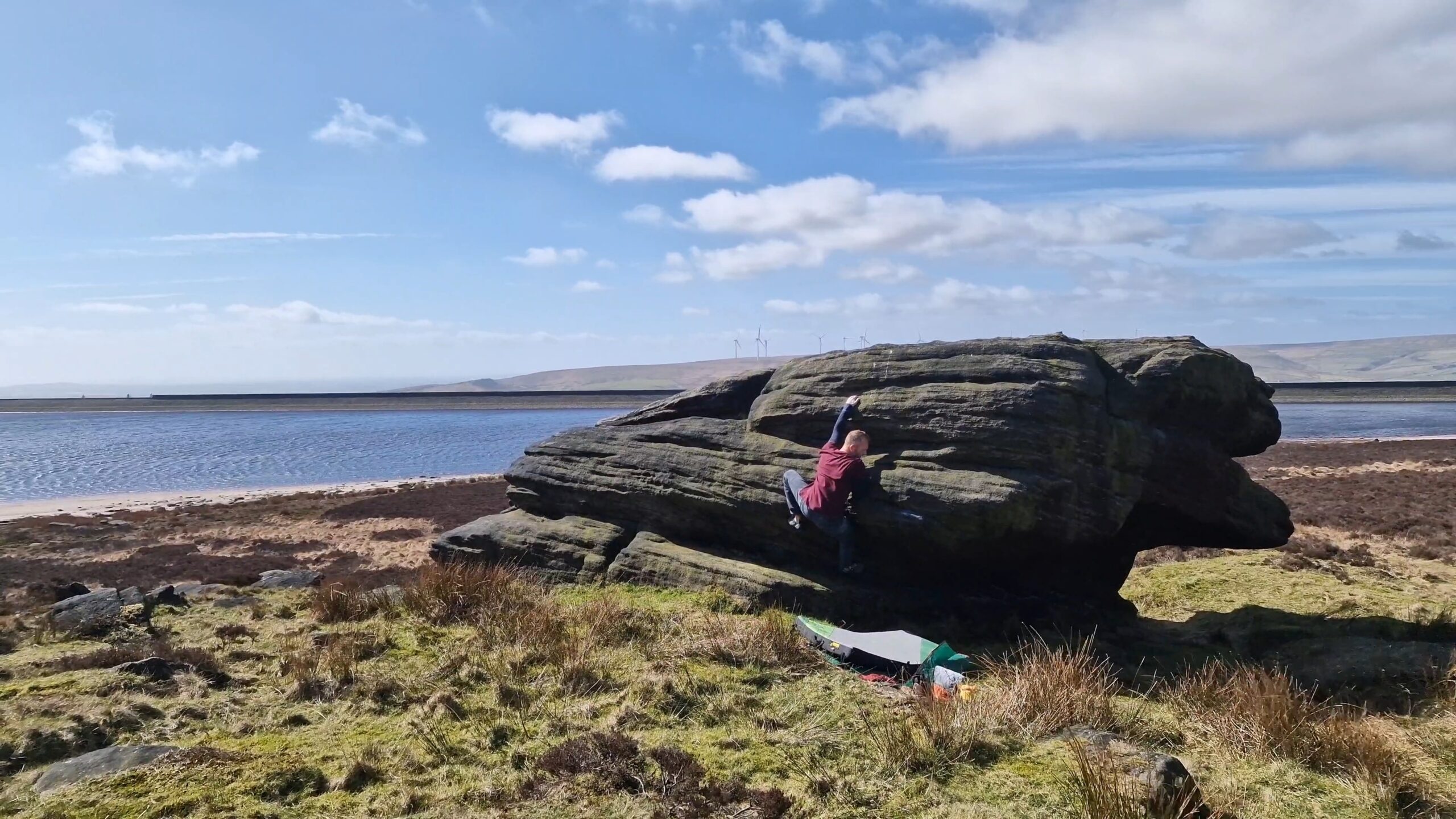 A picture of me climbing The Grit Exam at Blackstone Edge