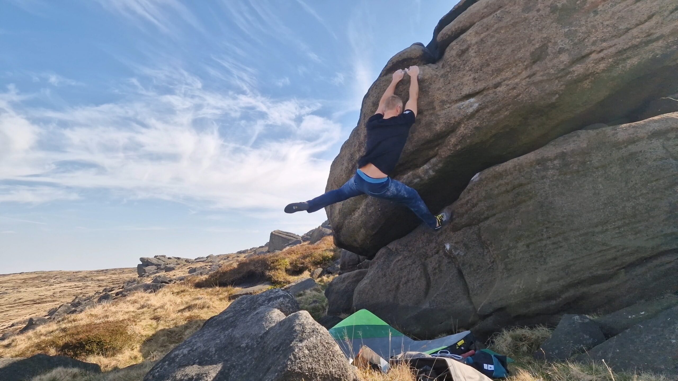 A picture of me climbing Happy Mole Man at Blackstone Edge