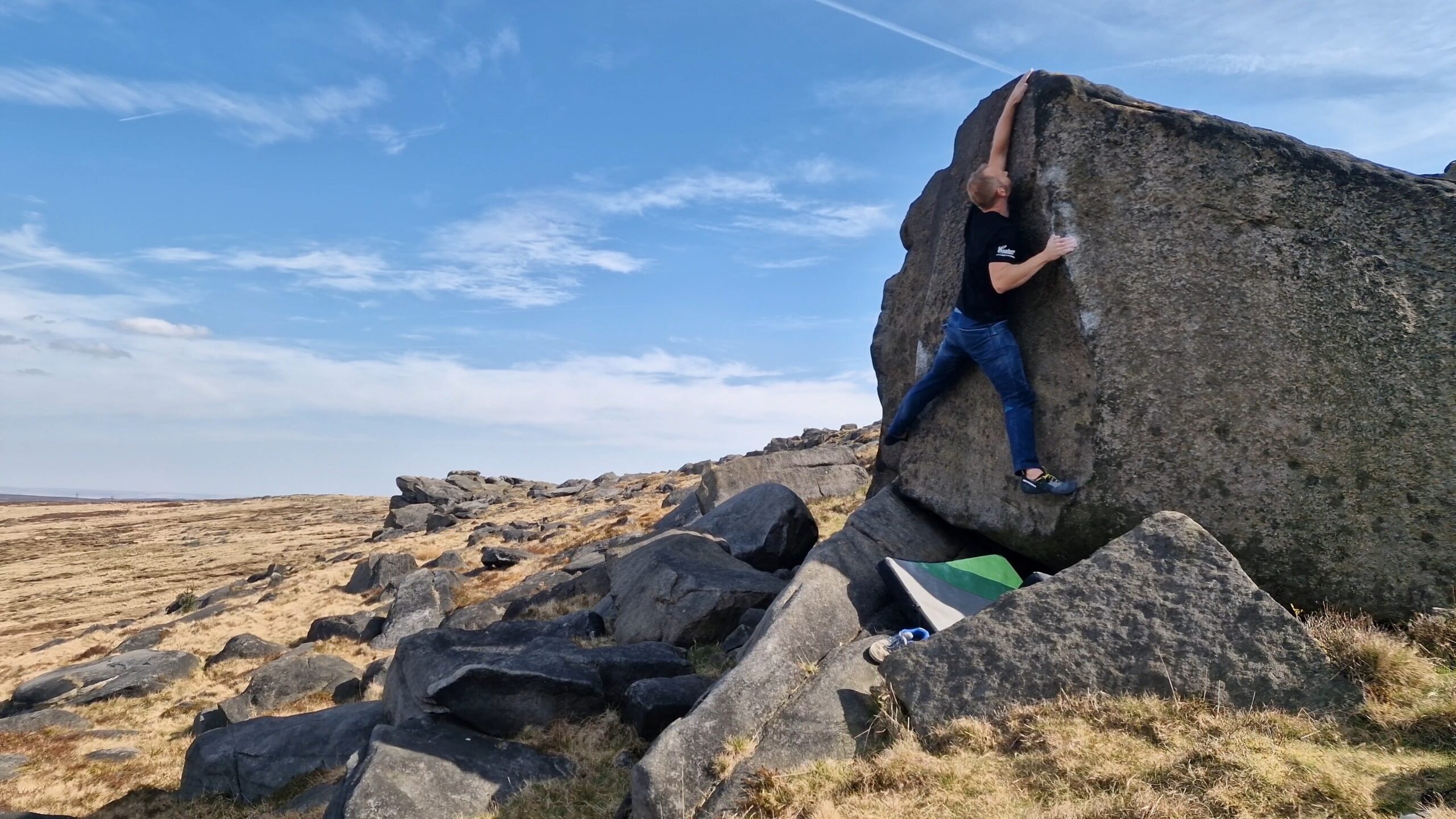A picture of me climbing Blackstone Best at Blackstone Edge