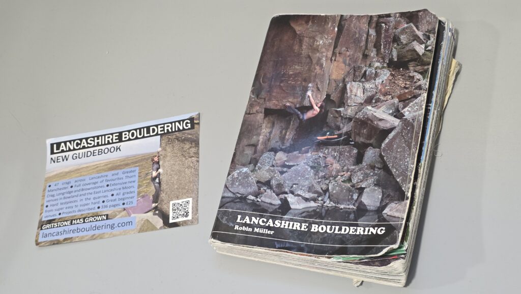 The Lancashire Bouldering guidebook and flyer.