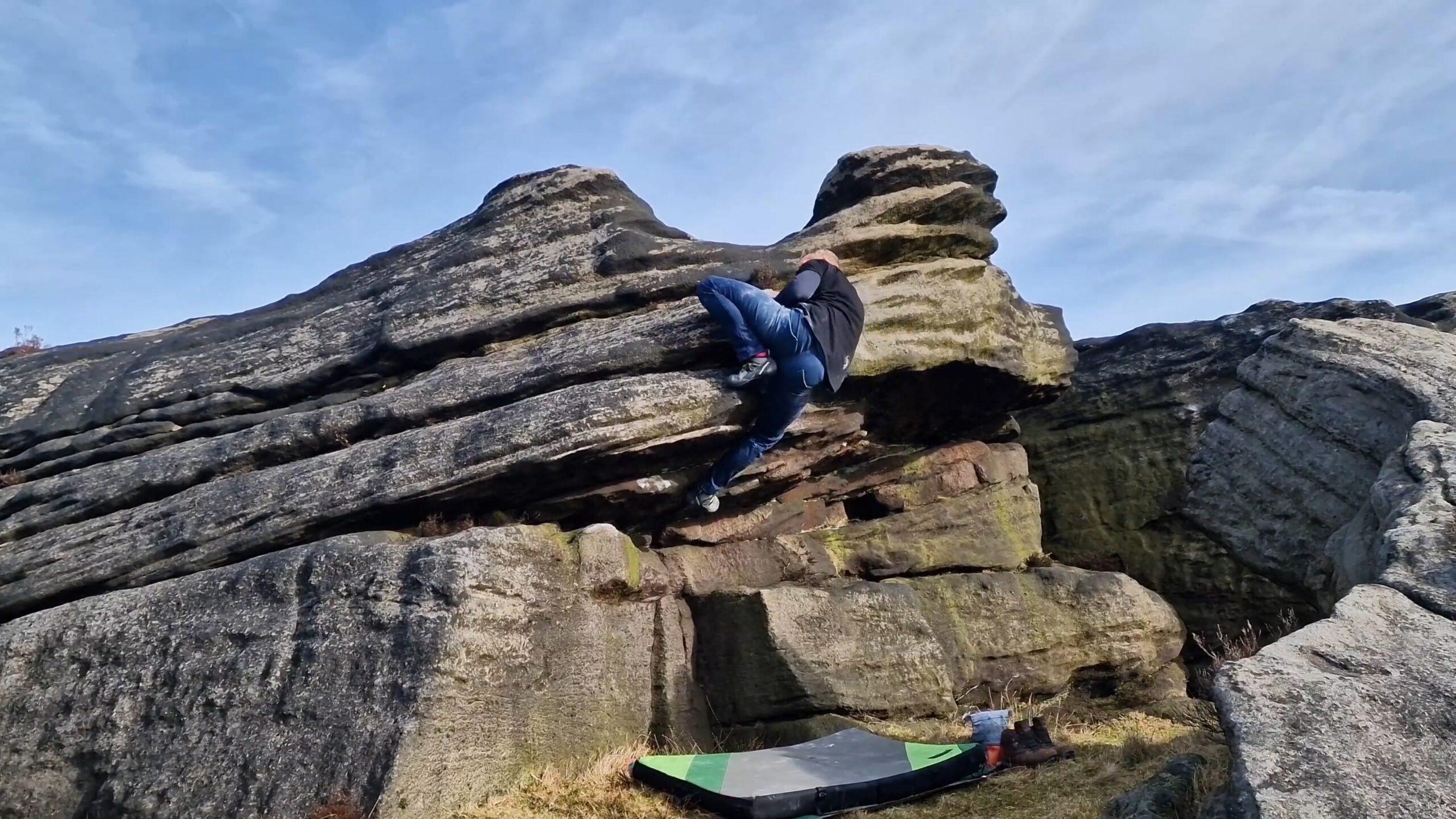A picture of me climbing Jiggery Slopery in March 2025 at Stony Edge.